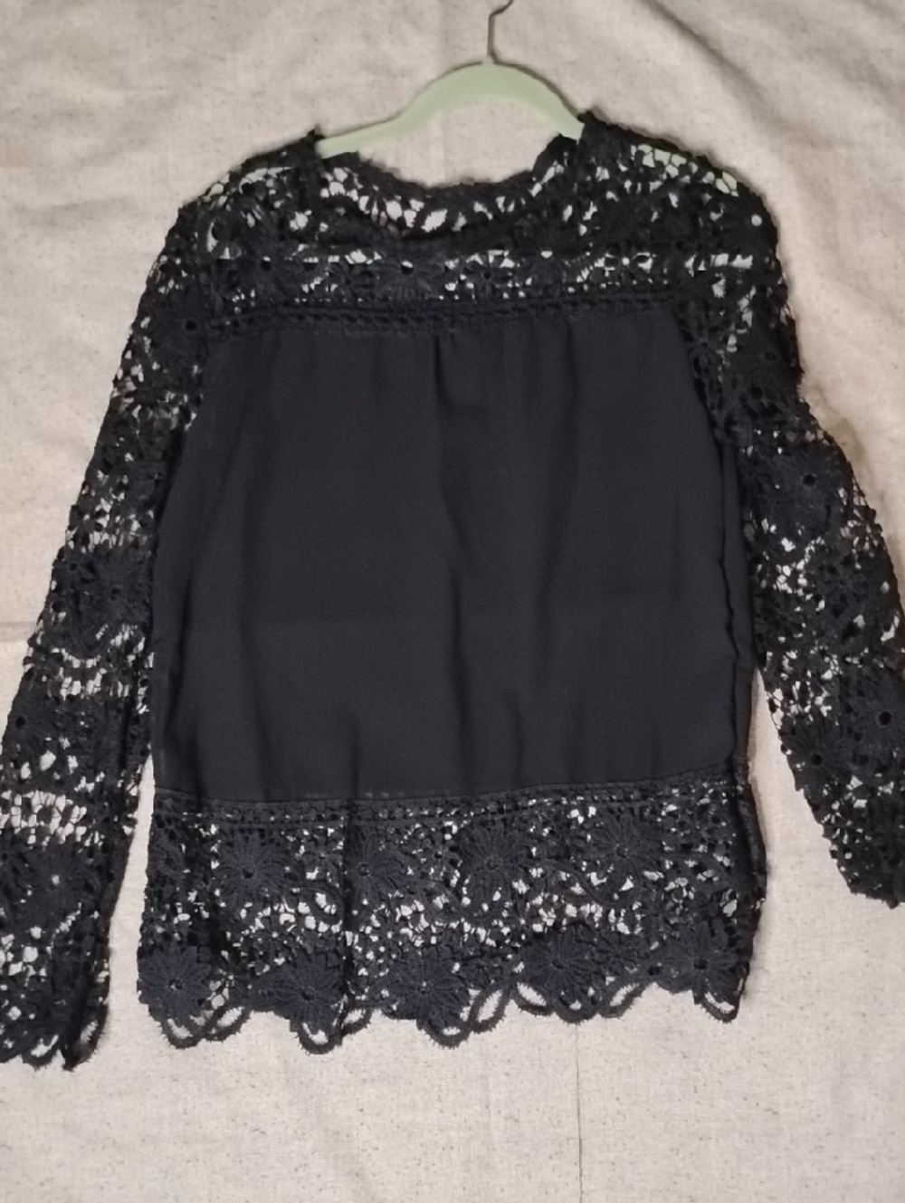 Black Lace-Trim Long Sleeve  Sheer Women's Blouse
